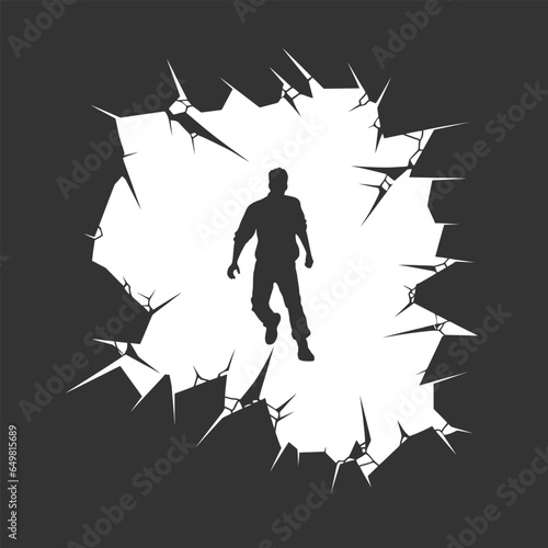 Silhouette of a man standing in a hole in the wall. Vector illustration.