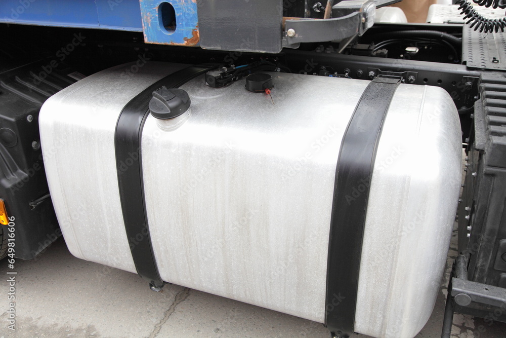Big fuel tank of diesel truck. Price of fuel for transportation.