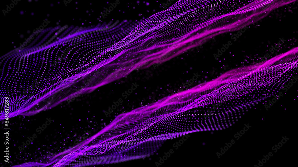 Fototapeta premium Abstract purple wave on black background. 3D rendering. Technology design. Modern purple blue gradient.