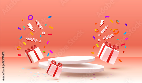 Gift scene mega sale, shopping podium banner, celebration pedestal. Vector illustration
