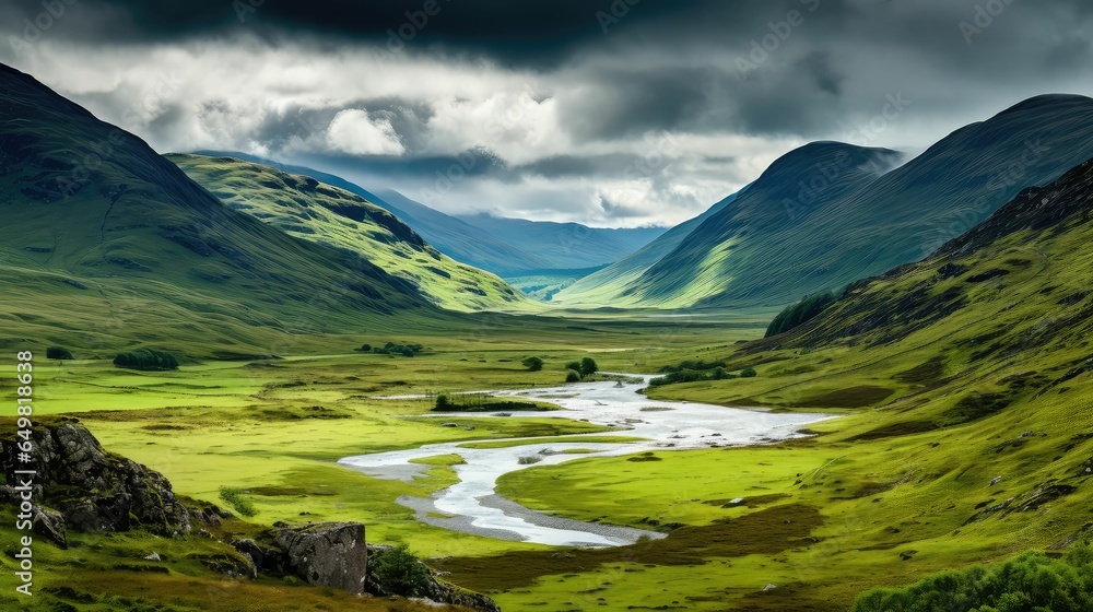 landscape scottish highland glens illustration scotland s, glen mountain, valley sky landscape scottish highland glens - obrazy, fototapety, plakaty 