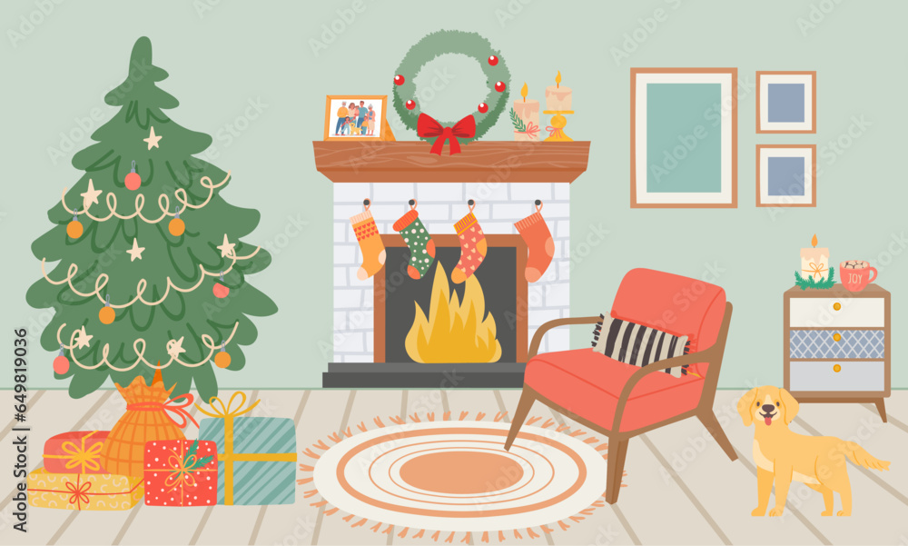 Christmas interiors room with fireplace and chair Christmas interiors room with fireplace and chair