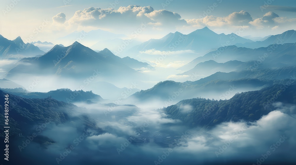 Obraz premium nature misty mountain morning illustration landscape background, sky beautiful, travel outdoor nature misty mountain morning
