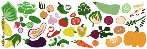 A set of stylized geometric vegetables whole and in section. Abstract organic farm products: carrots, potatoes, tomatoes, cucumbers, onions, eggplants, beets and others. Vector flat illustration