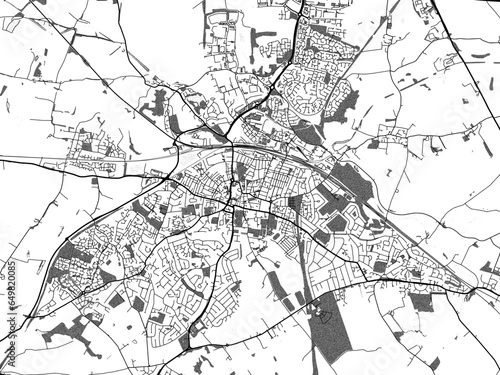 Greyscale vector city map of  Rugby in the United Kingdom with with water, fields and parks, and roads on a white background.