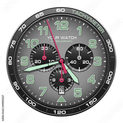 Realistic watch clock chronograph dashboard grey steel black  green number pink arrow design luxury for men on white background vector