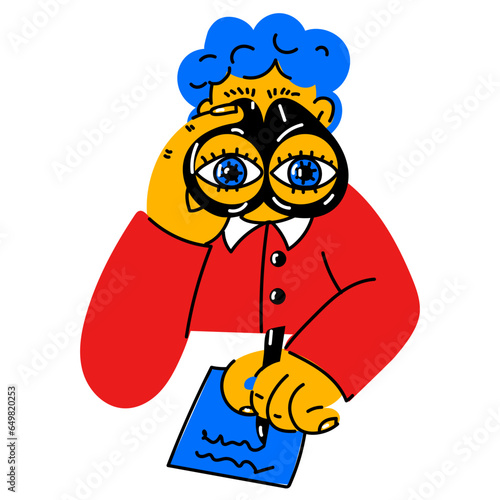 A man with binoculars looks and records. Surveillance and recording. A man or a student looks through binoculars and writes something. Agency for finding people, vacancies, private detective