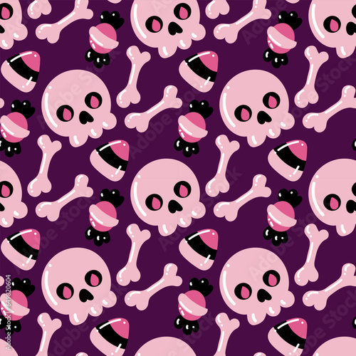 Halloween pattern with pink elements. Skull, candy, bones on a purple background. Children's illustration for printing on textiles and paper for a holiday, a party. Vector flat seamless texture
