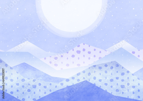 冬の雪山と月の風景 シンプルな水彩背景イラスト