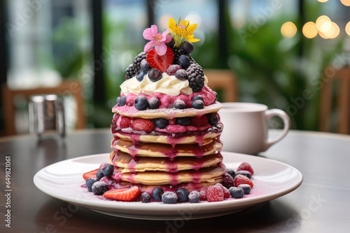 Mixed Berry Pancakes On Plate In Botanicalstyle Cafe photo