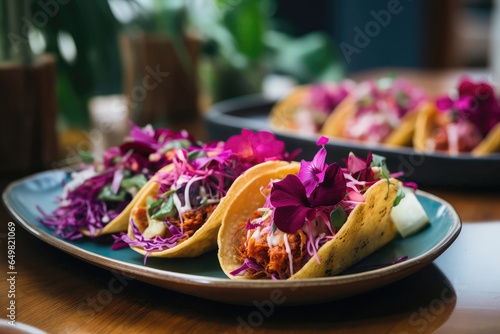 Hibiscus Flower Tacos On Plate In Botanicalstyle Cafe