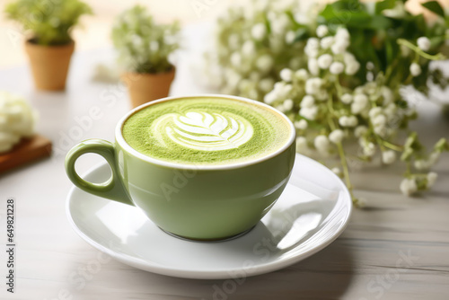 Matcha Latte On Plate In Botanicalstyle Cafe photo