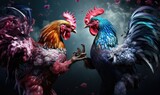 Two muscular roosters fight