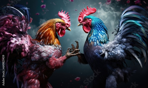 Two muscular roosters fight photo