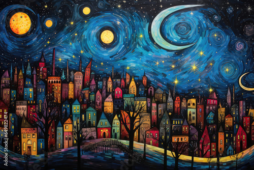Moonlit Night Over The City Painted With Crayons