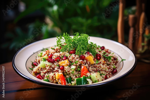 Quinoa Salad On Plate In Botanicalstyle Cafe photo