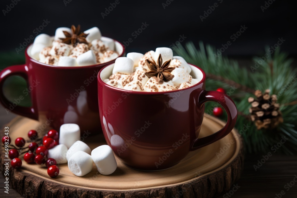Christmas cocoa hot chocolate with small marshmallows cup and Xmas decoration, closeup Christmas cocoa hot chocolate with small marshmallows cup and Xmas decoration, closeup