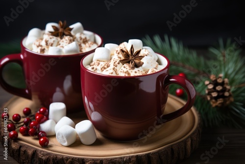 Christmas cocoa hot chocolate with small marshmallows cup and Xmas decoration, closeup