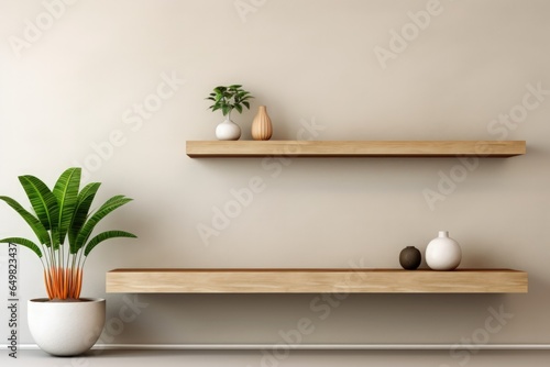 Wood wall floating shelf on stucco wall