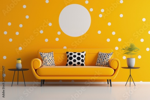 Yellow sofa and coffee tablea gainst of circle patterned wall photo