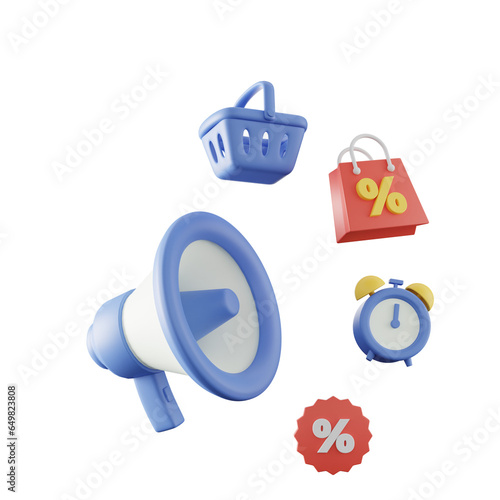 3d illustration of discount icon with megaphone