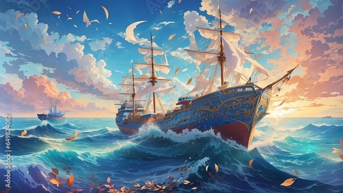 In a canvas of azure dreams, a ship dances on the waves, Its sails unfurled like wings of hope, as the sea whispers and behaves photo