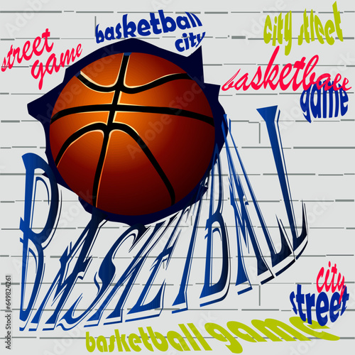 color vector illustration in the form of graffiti on the wall with the image of a basketball ball, for decorating scenes and interiors in a sports style