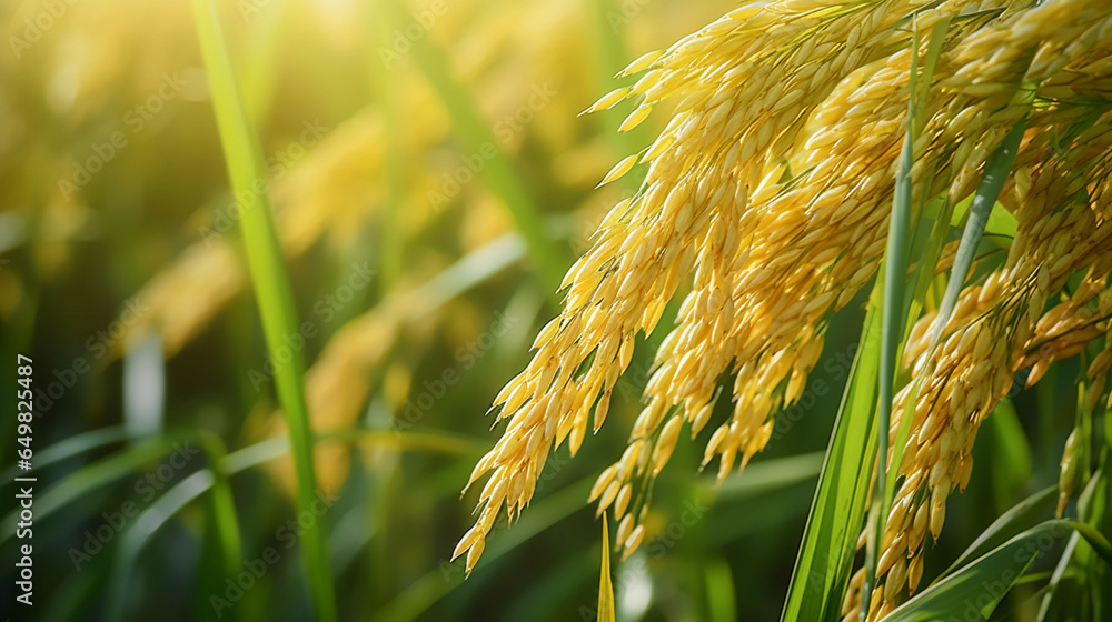 Close up of golden rice in rice field with sunlight,nature background.Rice field,agriculture organic,organic food concept.  - obrazy, fototapety, plakaty 