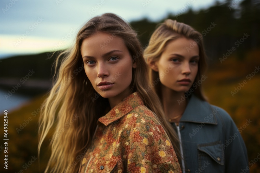 Two stylish women pose in the autumnal outdoors, their jackets blending in with the natural hues of the sky, a portrait of grace and beauty Two stylish women pose in the autumnal outdoors, their jackets blending in with the natural hues of the sky, a portrait of grace and beauty