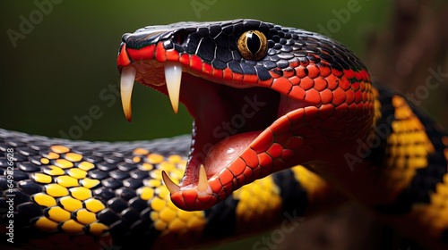 Close-up of the head of a snake with open mouth sharp teeth