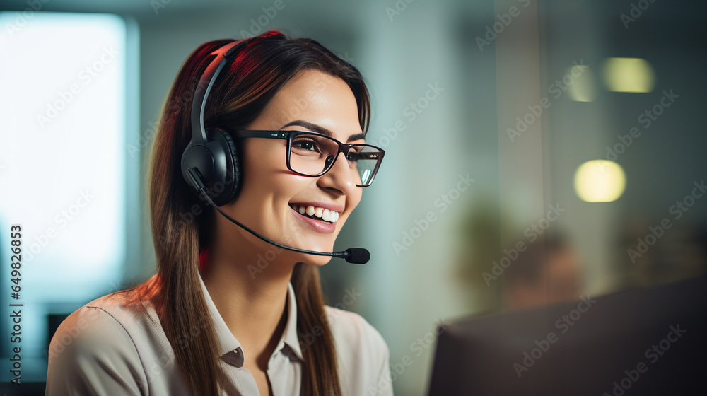 Female Telemarketer in Headset, Consulting Online Customer on Computer in Customer Support Office. Generative AI - obrazy, fototapety, plakaty 