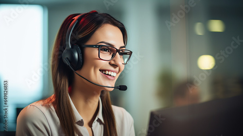 Female Telemarketer in Headset, Consulting Online Customer on Computer in Customer Support Office. Generative AI