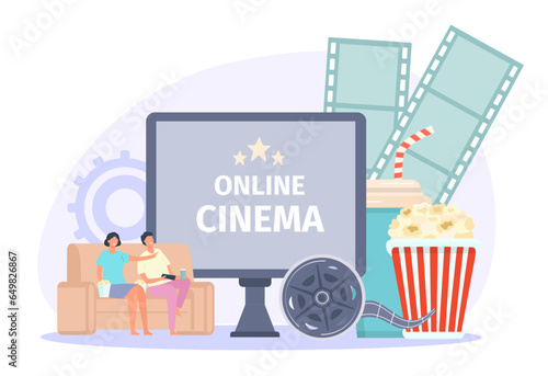 Online cinema concept, pop corn and sofa