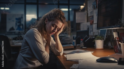 Realistic portrayal Depressed Woman in the Office. Reflects Workplace Stress 