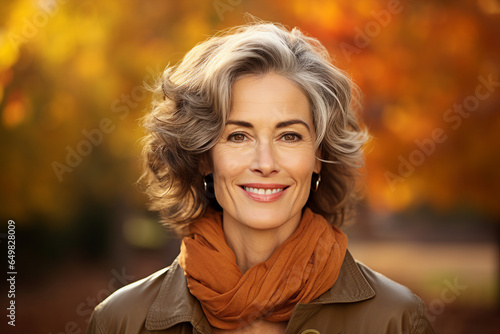 Generative Ai illustration of aged woman surrounded by dry foliage autumn decorations background