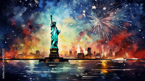 Fireworks over Statue of Liberty USA, Generative Ai