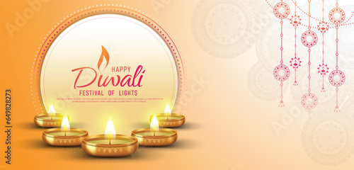 Happy Diwali - festival of lights colorful banner template design with decorative diya lamp. photo
