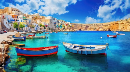 sea maltese fishing villages illustration summer colorful, boat village, malta travel sea maltese fishing villages