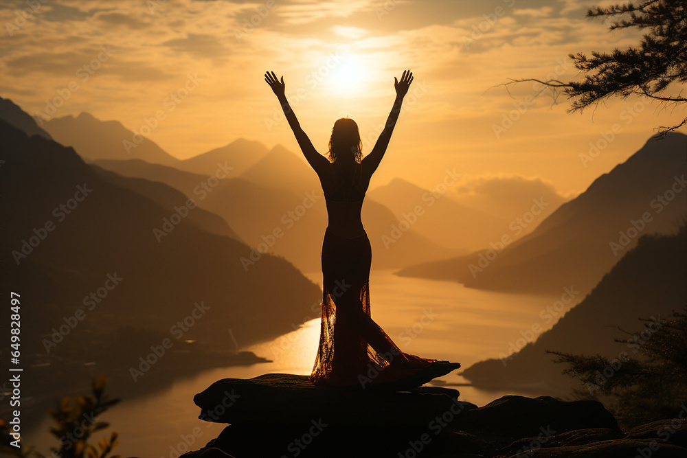 Young person meditating at dawn on a mountain with panoramic beautiful views generative AI technology - obrazy, fototapety, plakaty 