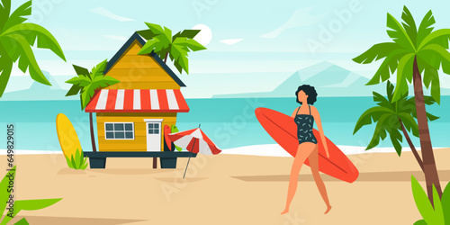 Summer sea activity, girl with surfboard on beach