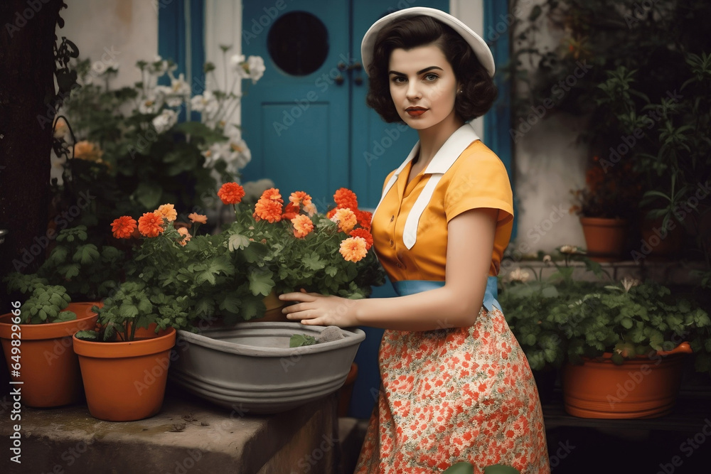 High contrast photo of young beautiful woman wearing 1960s style garden work clothes, apron, hat, taking care of flowers in wooden planting box. Lush cozy nicely shaded blooming garden with big trees