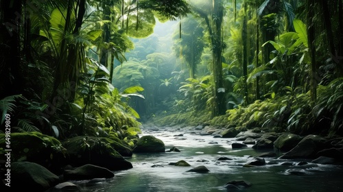 Fotografiet green costa rican rainforest illustration jungle beautiful, natural america, bac