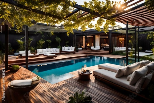 luxury hotel room with pool ,a lavish side outside garden at morning, with a teak hardwood deck and a black pergola. Scene in the evening with couches and lounge chairs by the pool, generative © Mehram