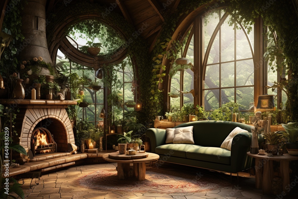 Glade Living Room with enchanted forest views, mythical creatures, and a magical, fairy tale-inspired design. Mythical forest glade home decor. 