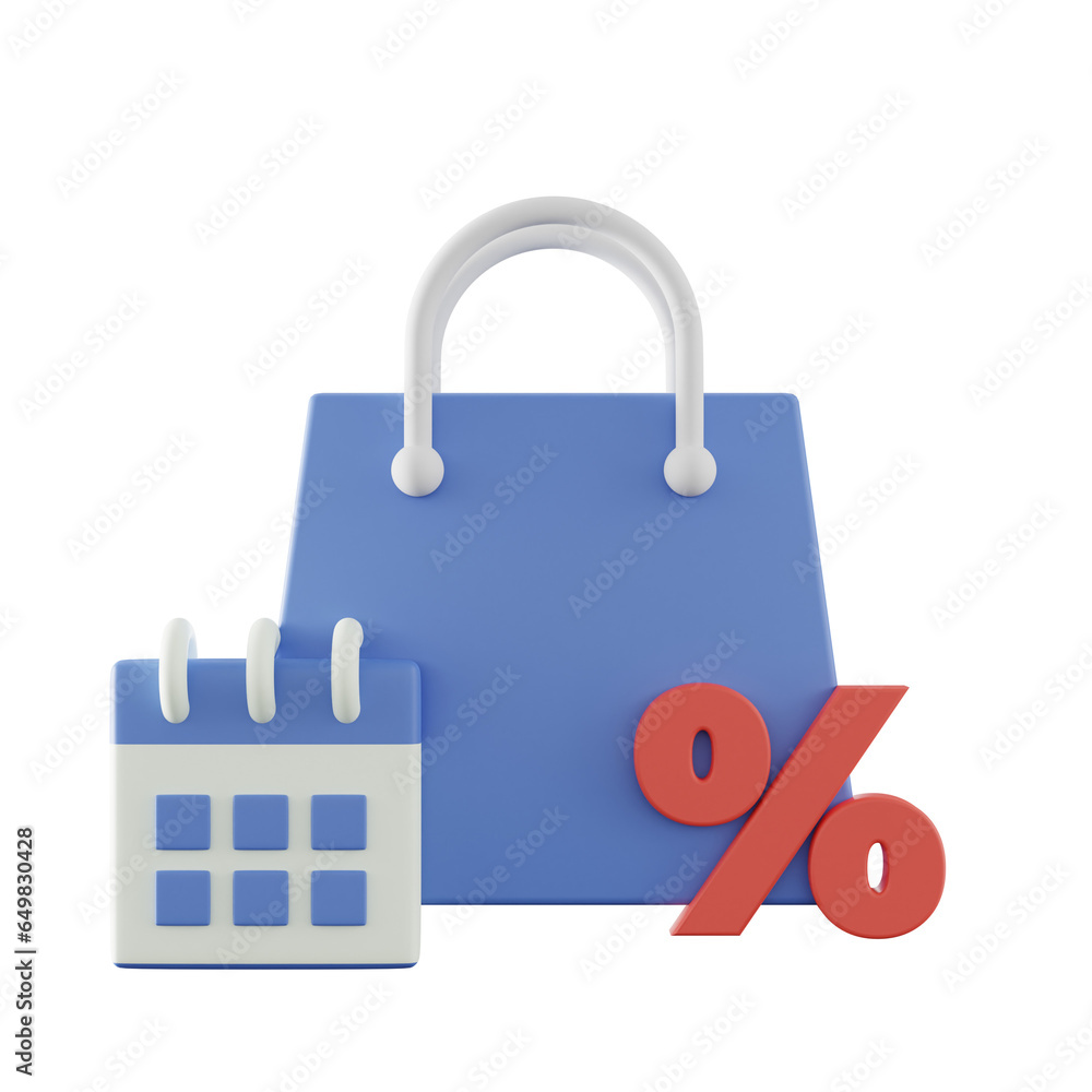 3d illustration of discount icon with shopping bag and calendar 3d illustration of discount icon with shopping bag and calendar