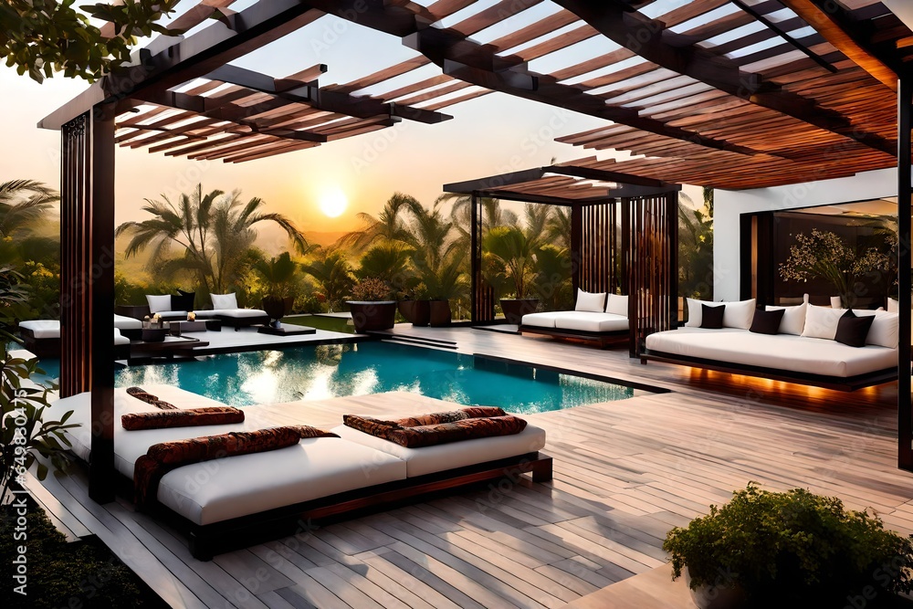 Fototapeta premium luxury hotel room with pool ,a lavish side outside garden at morning, with a teak hardwood deck and a black pergola. Scene in the evening with couches and lounge chairs by the pool, generative