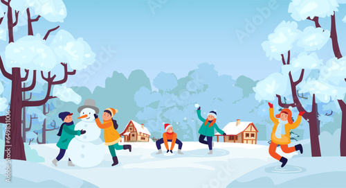 Winter fun for kids with snow and snowman © Tartila