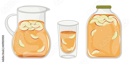 Homemade, canned, sweet, refreshing apple compote in a glass decanter, glass, jar. The concept of healthy, natural eating. Vector illustration in a cartoon style.