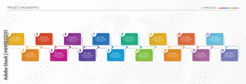 Infographic process design with icons and 16 options or steps.