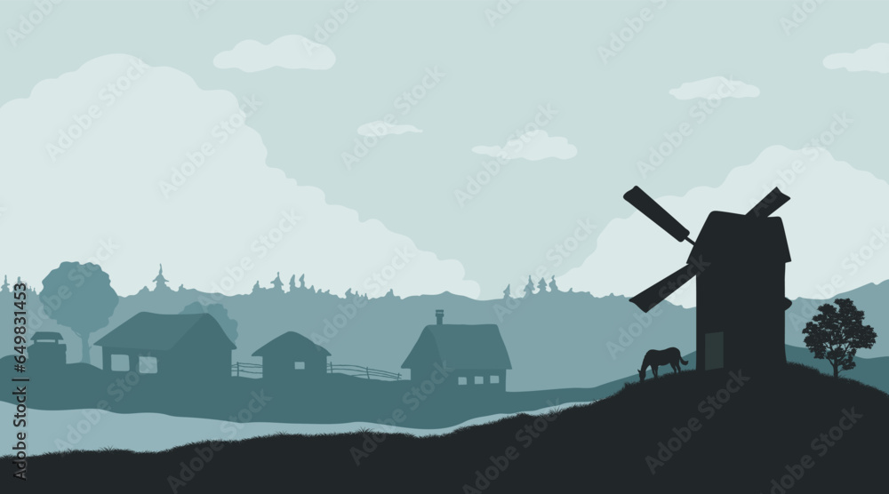 Rural landscape. Rustic silhouette. Nature scene with mill and village. Country hills panorama. Ranch horse on farm meadow. Sunset scenery of farmland - obrazy, fototapety, plakaty 